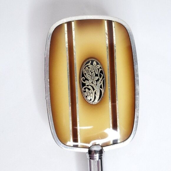 Art Decor Floral Hand Held Mirror Hair Brush Jars Containers Brown Silvertone - Picture 2 of 11